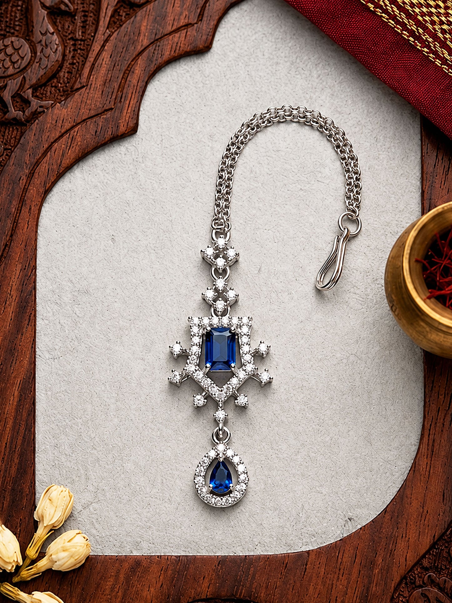 Silver Plated Blue AD Maang Tikka for Women