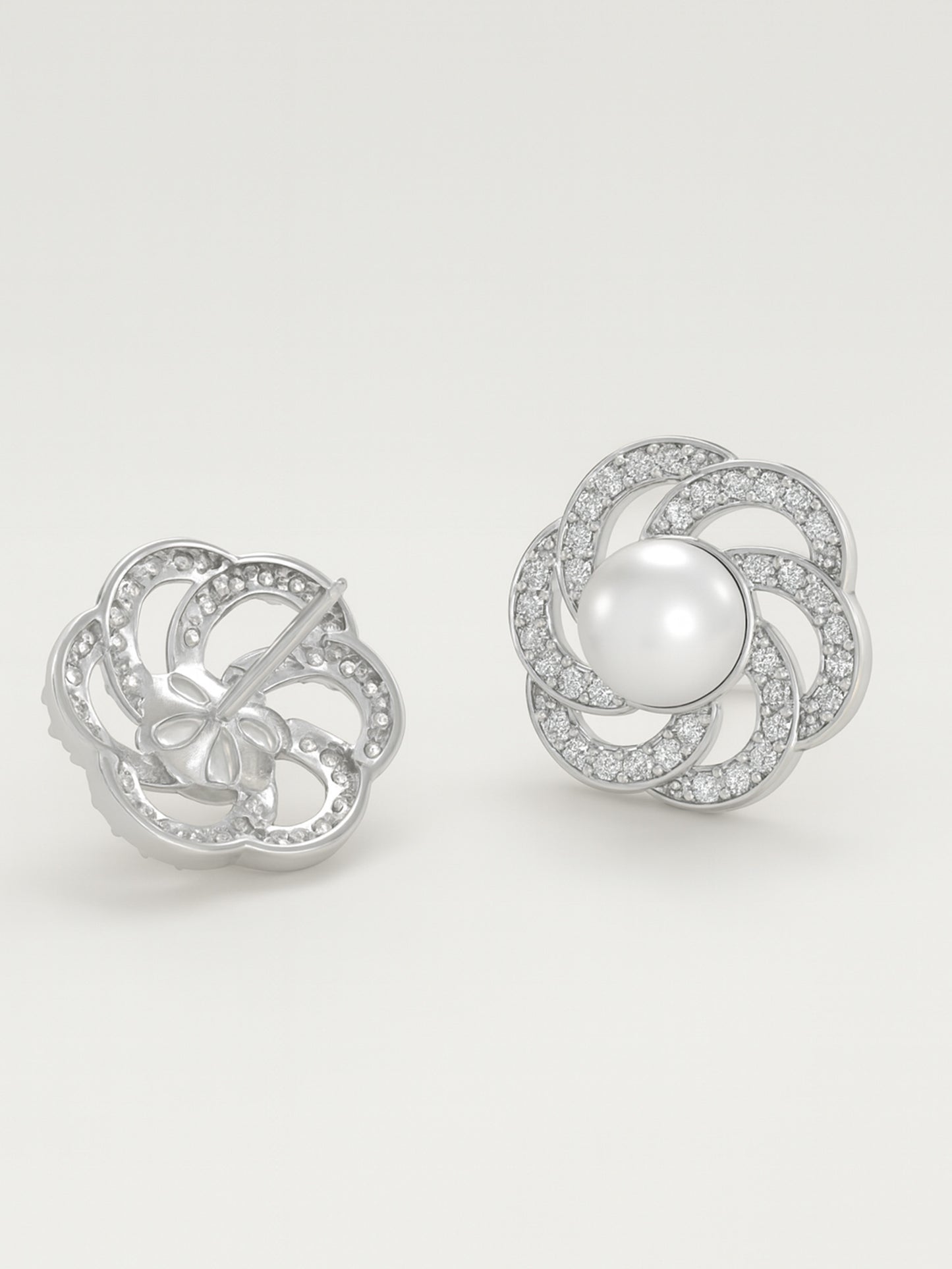 Rhodium Plated AD & Pearl Floral Designer Stud Earrings for Women