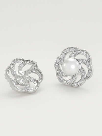 Rhodium Plated AD & Pearl Floral Designer Stud Earrings for Women