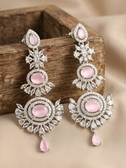 Silver Plated Pink AD Floral Earrings for Women