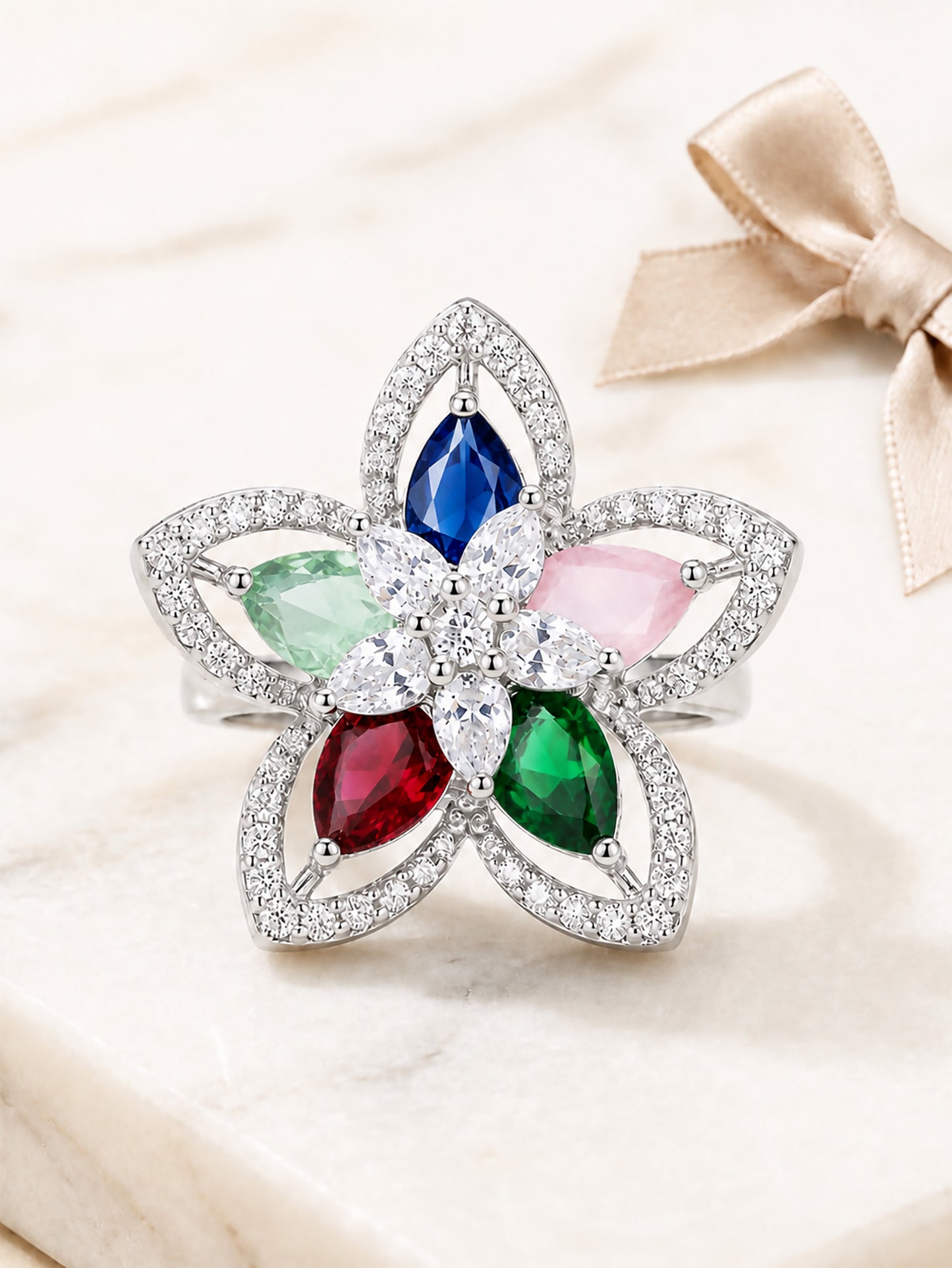 Rhodium Plated Multi AD Floral Finger Ring for Women
