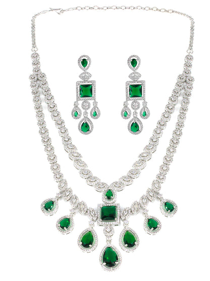 American Diamond Green 2 Layer Designer Jewellery Set For Women