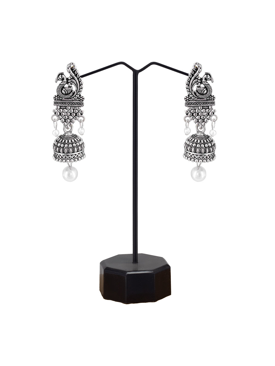 Silver Oxidized Peacock Beads Jhumki Earrings