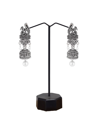 Silver Oxidized Peacock Beads Jhumki Earrings