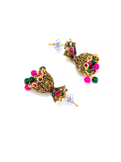 Antique Gold-Plated Peacock Artificial Stone & Beaded Jhumki Earrings