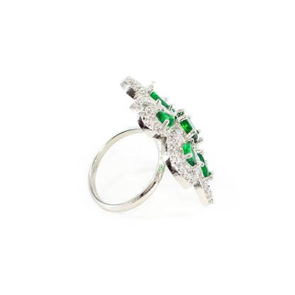 Silver Plated Green AD Floral Adjustable Finger Ring for Women
