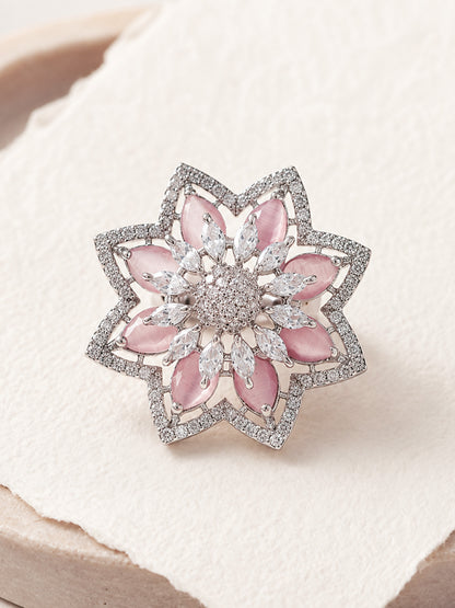 Silver Plated Pink AD Floral Finger Ring for Women