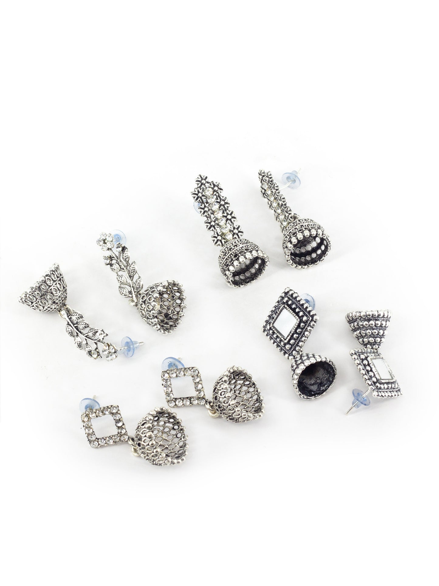 Set of 4 Silver Oxidised Jhumka Earrings for Women