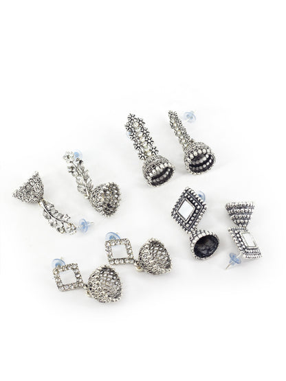 Set of 4 Silver Oxidised Jhumka Earrings for Women