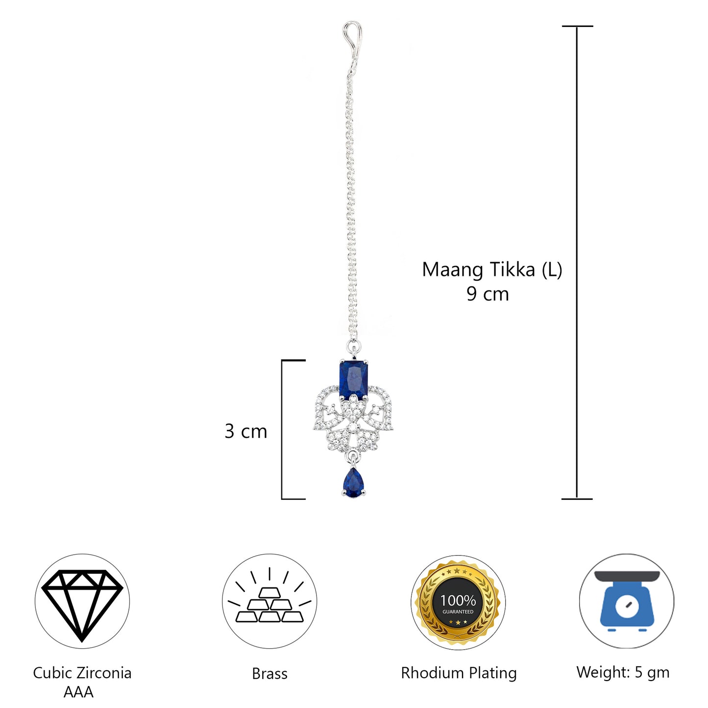 Silver Plated Blue AD Maang Tikka for Women