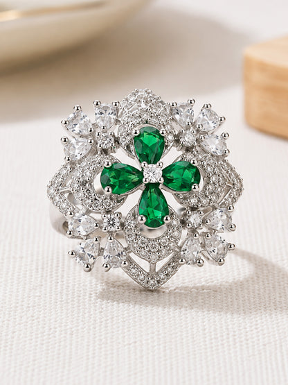Rhodium Plated Green AD Floral Finger Ring for Women