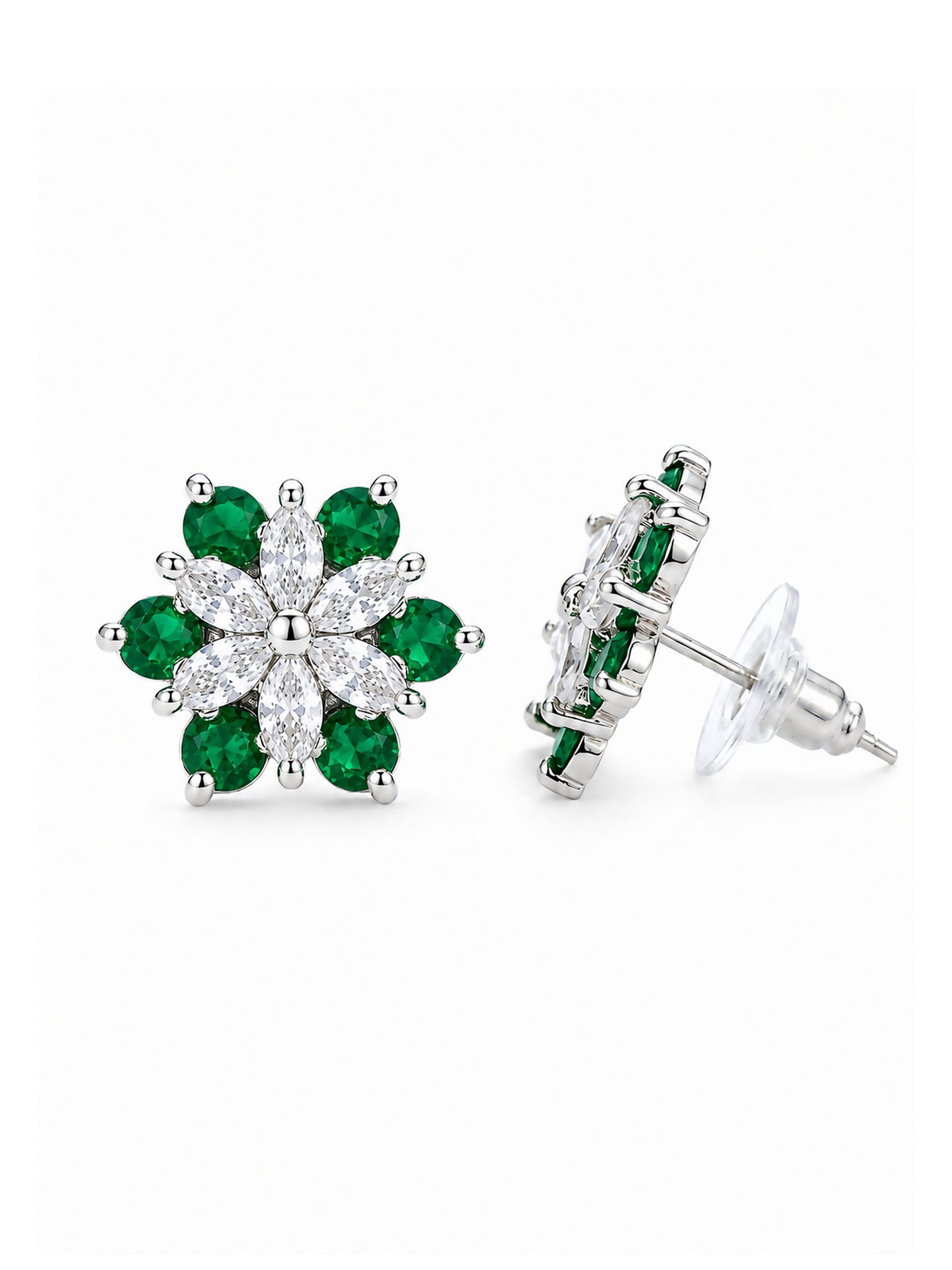 Rhodium Plated Green AD Floral Stud Earrings for Women