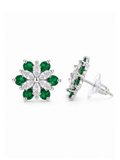 Rhodium Plated Green AD Floral Stud Earrings for Women