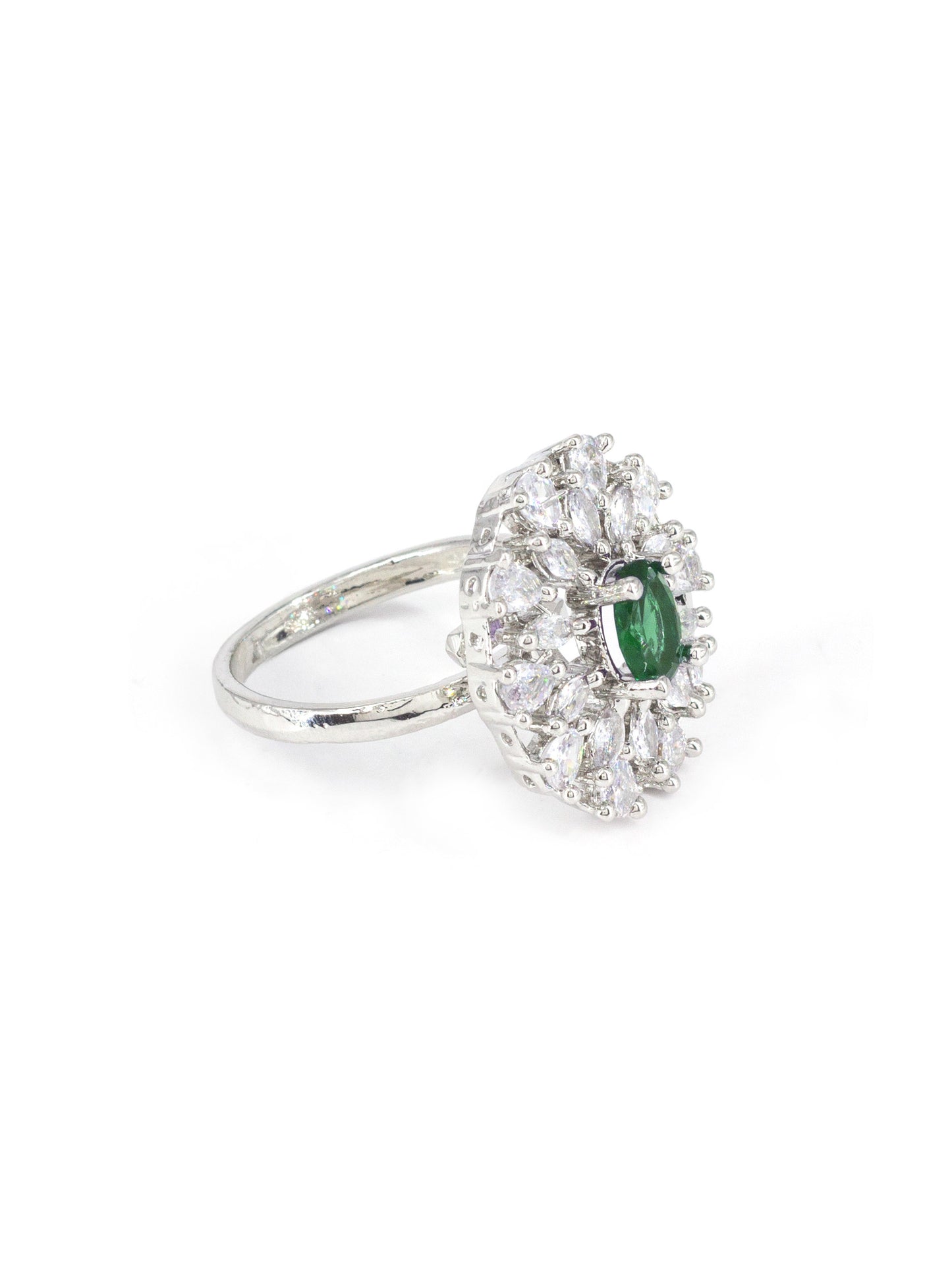 Silver Plated Green AD Floral Adjustable Ring for Women