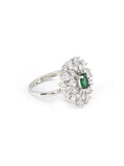 Silver Plated Green AD Floral Adjustable Ring for Women