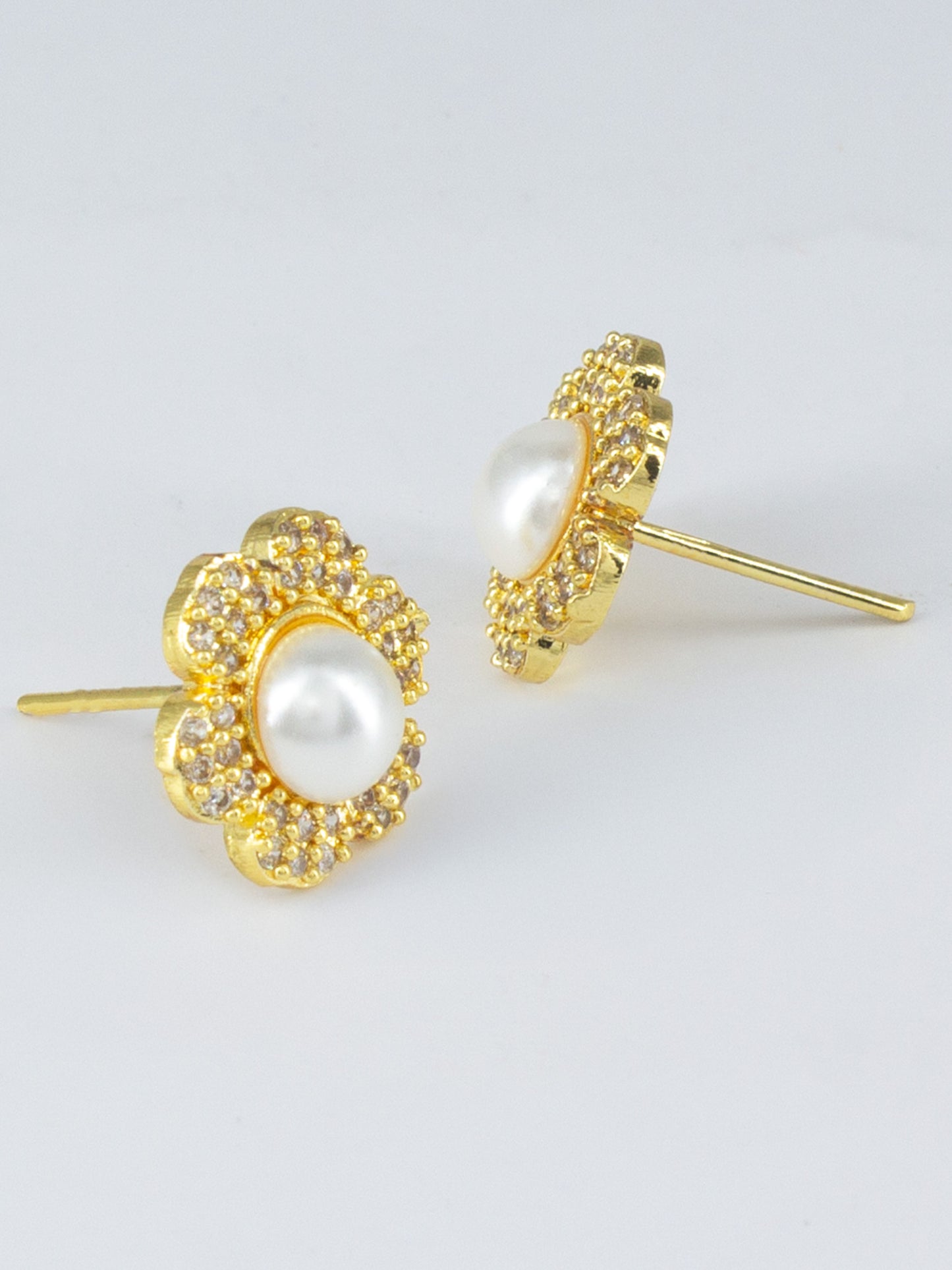 Gold Plated AD Pearl Stud Earrings for Women