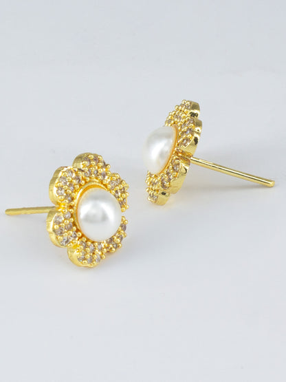 Gold Plated AD Pearl Stud Earrings for Women