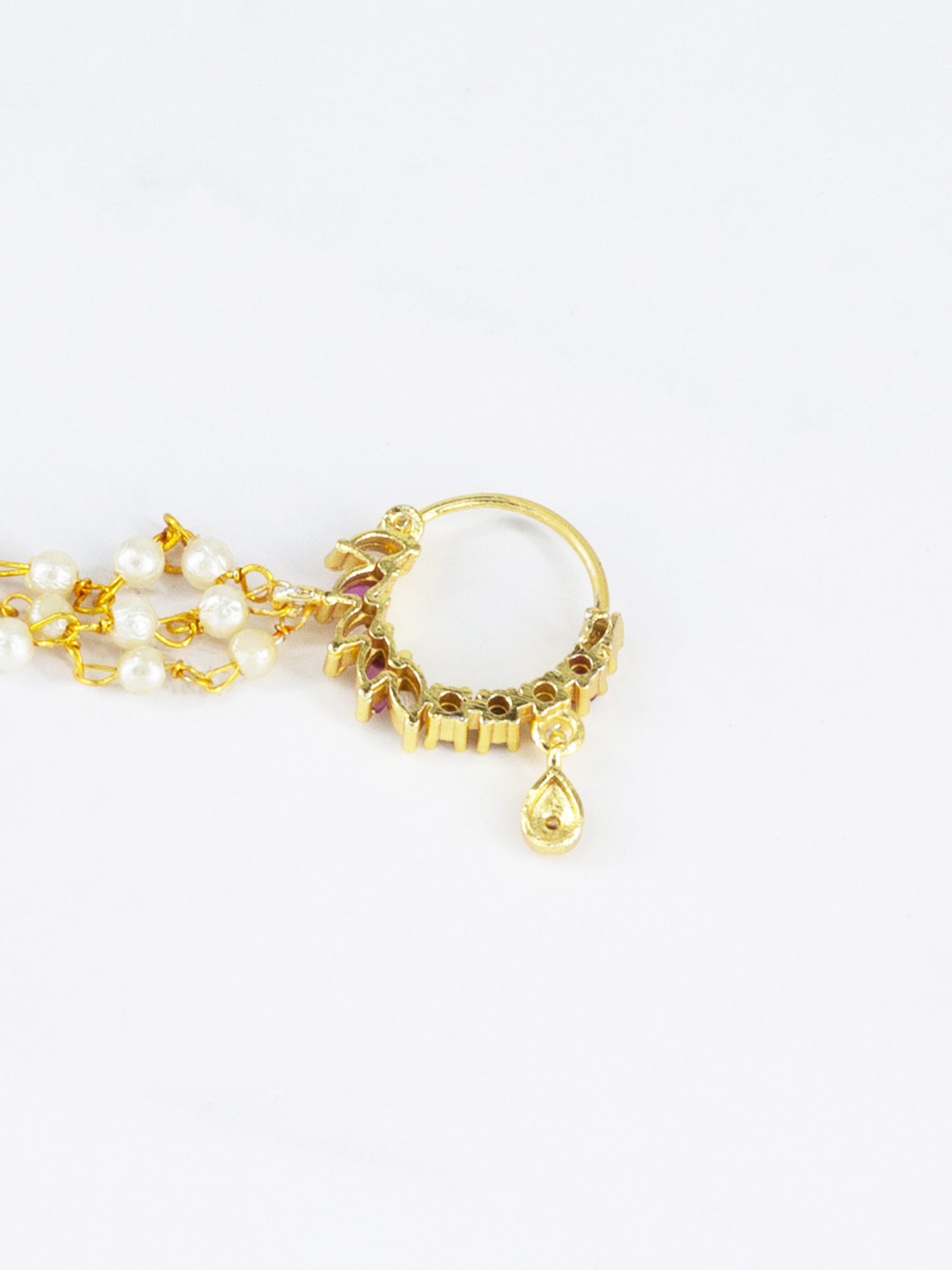 Gold Plated Red AD Nose Ring with 3 line Pearl Chain