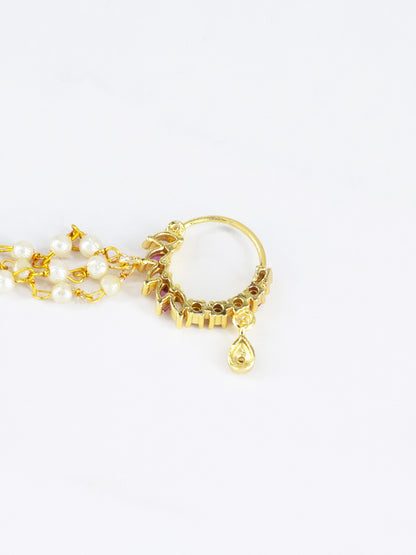 Gold Plated Red AD Nose Ring with 3 line Pearl Chain