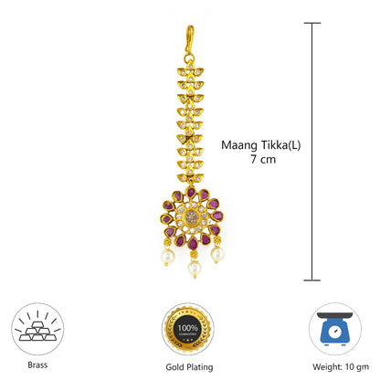 Gold Plated Red American Diamond Maang Tikka for Women