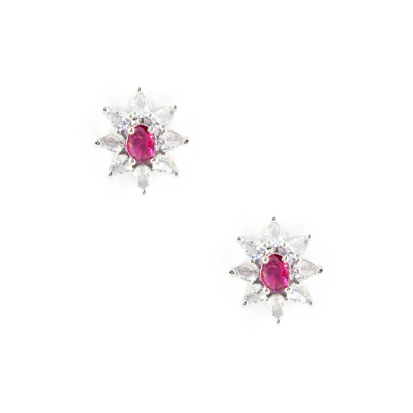 Rhodium Plated Red AD Floral Studs for Women