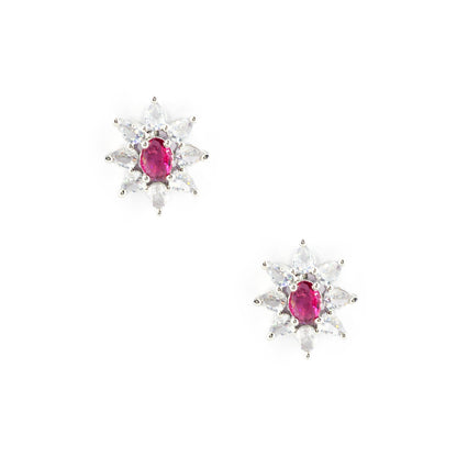 Rhodium Plated Red AD Floral Studs for Women