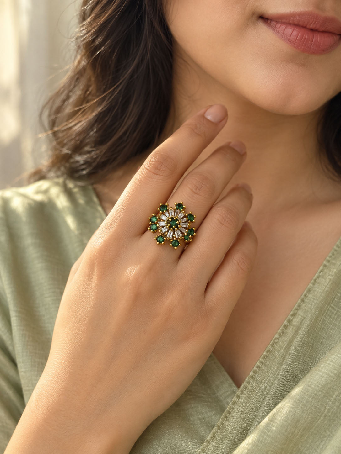22K Gold Plated Green AD Finger Ring for Women