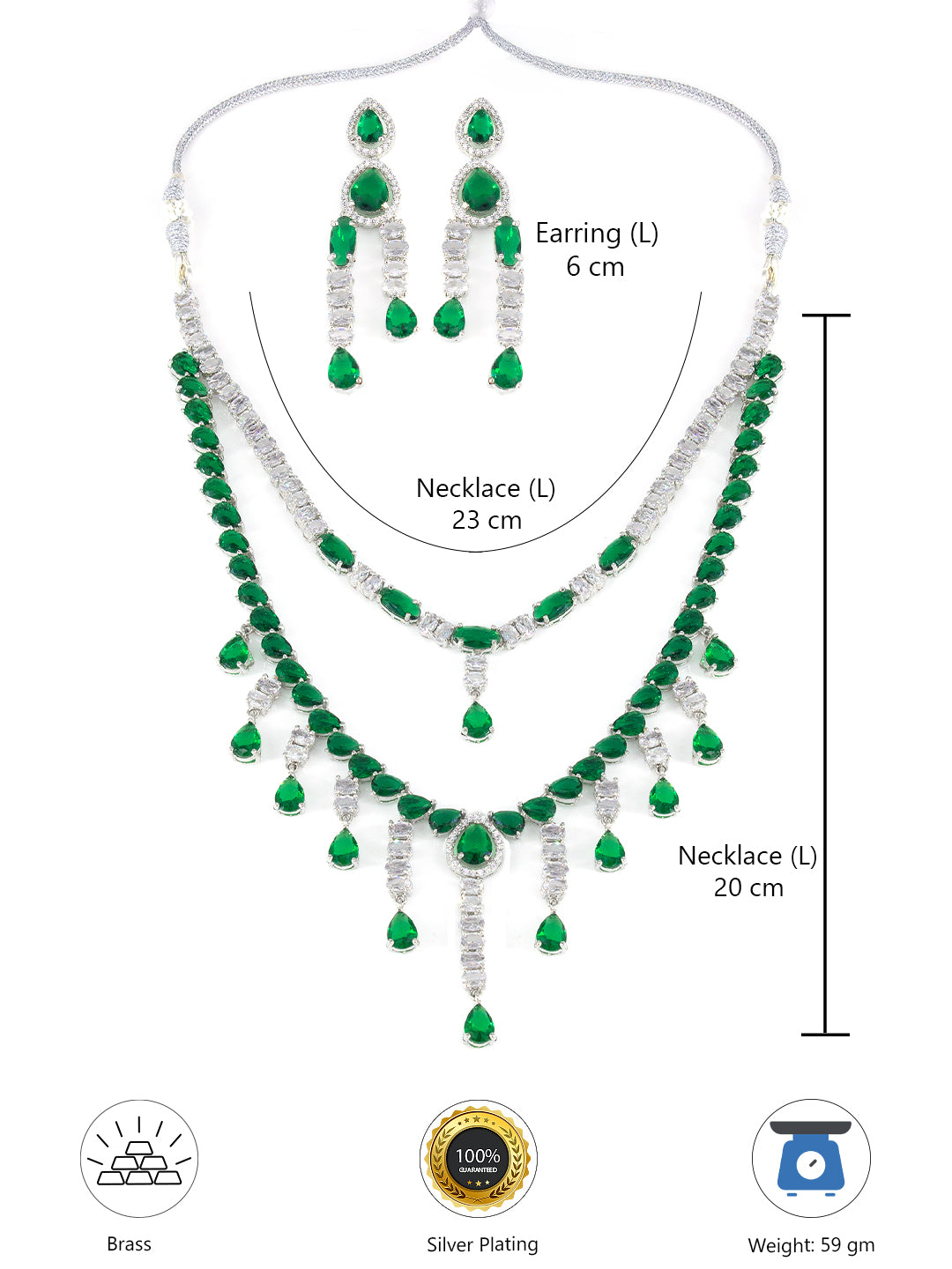 Silver Plated Green AD Designer 2 Layer Cocktail Jewellery Set