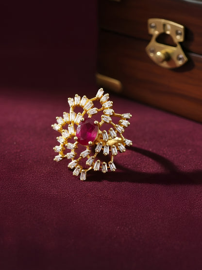 Gold Plated White & Red American Diamond Floral Ring