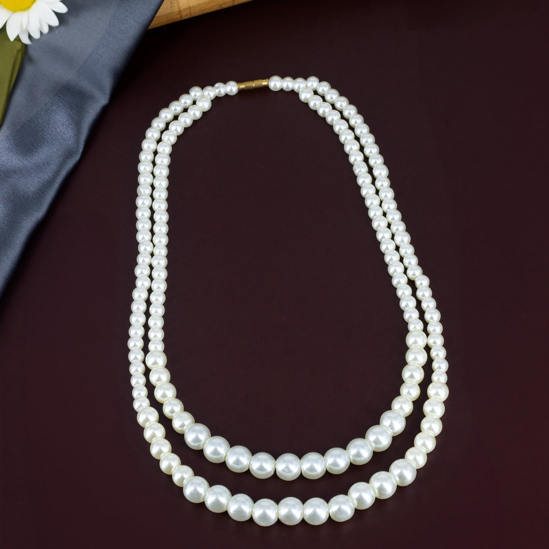 Gold Plated Double Layered Faux Pearl Beaded Trendy Moti Mala Necklace