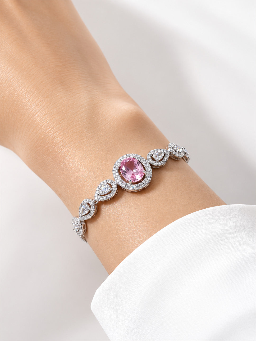 Silver Plated Pink AD Adjustable Bracelet for Women