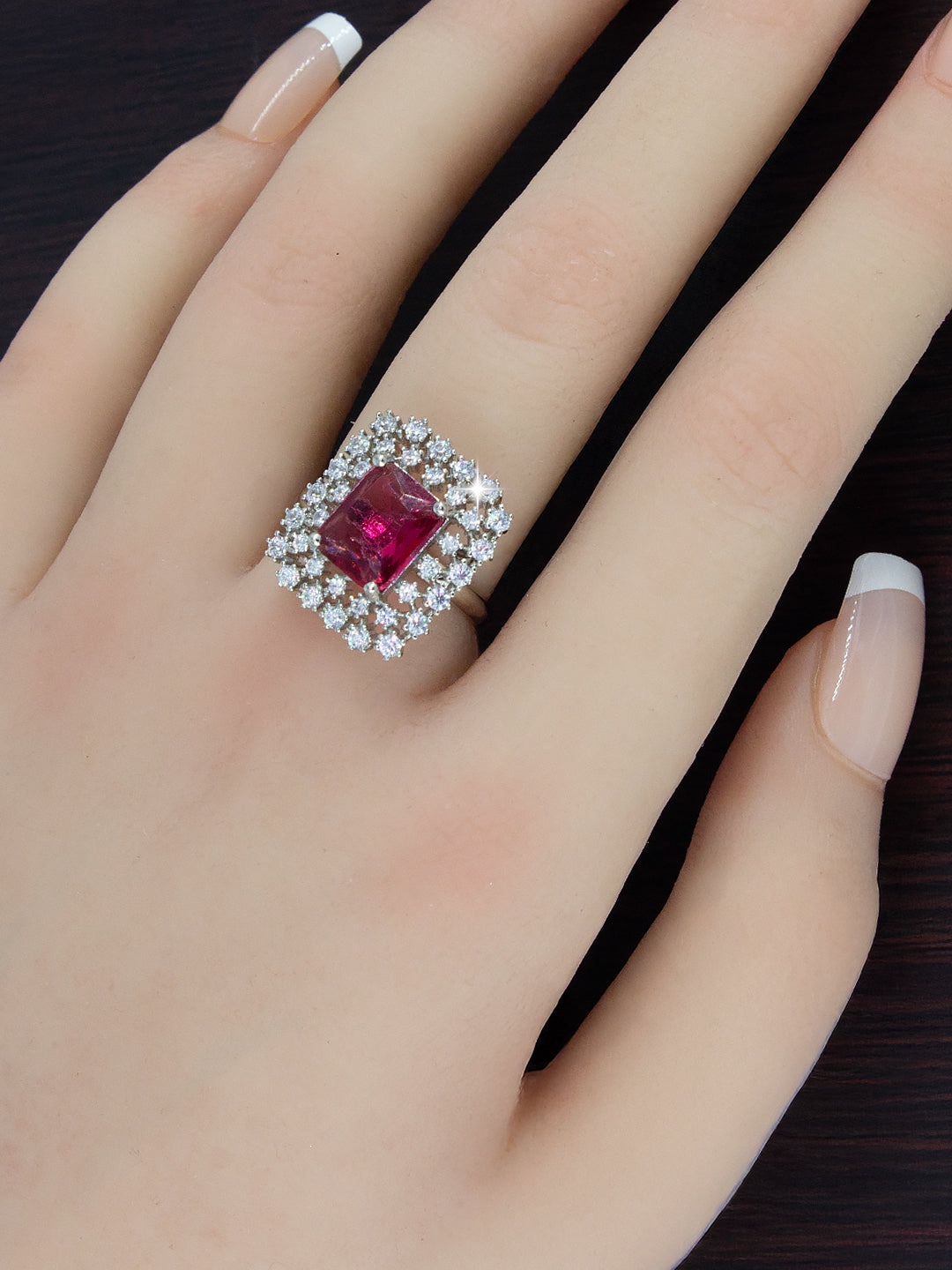 Silver Plated Red Square AD Adjustable Ring For Women