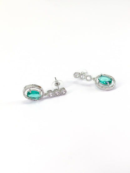 Rhodium Plated Green Oval Shaped American Diamond Jewellery Set