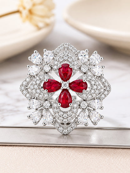 Rhodium Plated Red AD Floral Finger Ring for Women