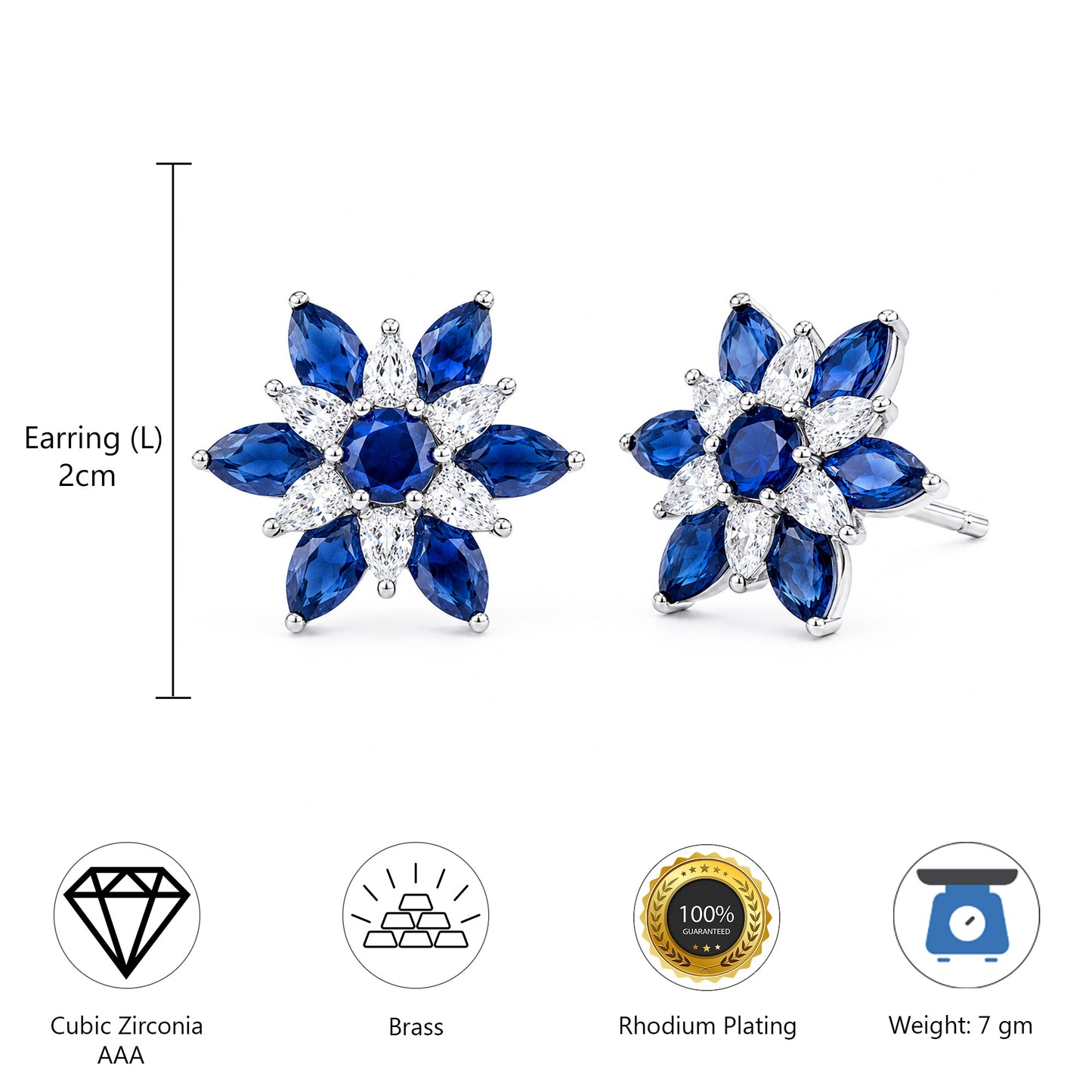 Rhodium Plated Blue AD Floral Stud Earrings for Women