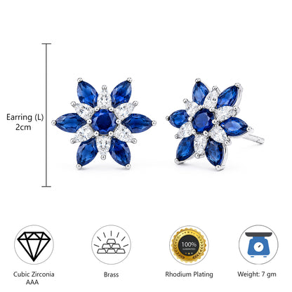 Rhodium Plated Blue AD Floral Stud Earrings for Women