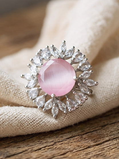 Silver Plated Pink AD Finger Ring for Women