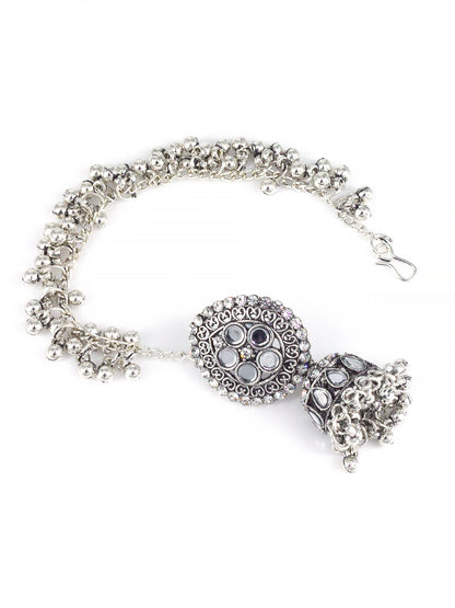 Silver-Oxidised Floral Mirror-Studded Jhumka Earrings With Hair Chain