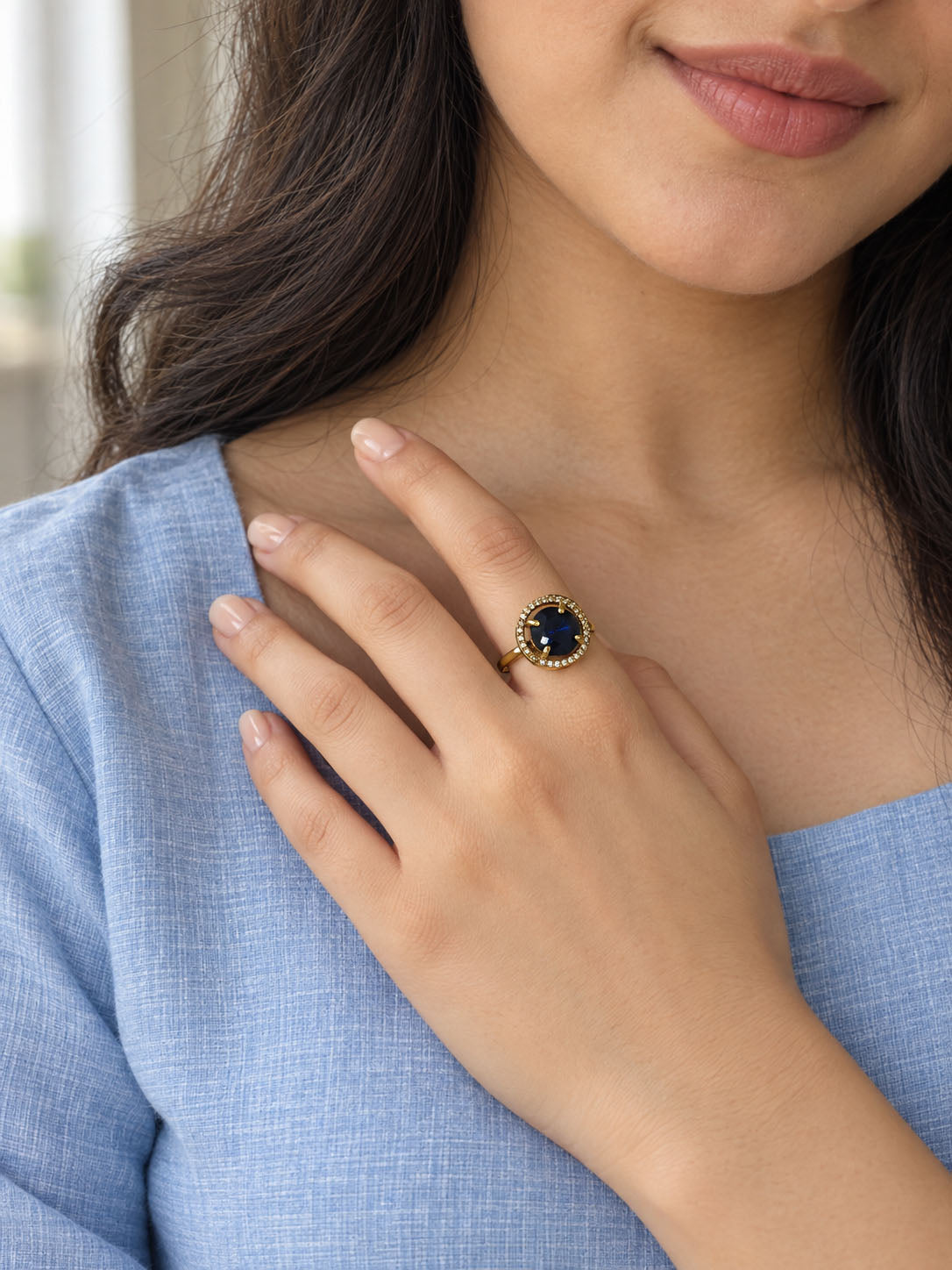 22K Gold Plated Blue AD Finger Ring for Women