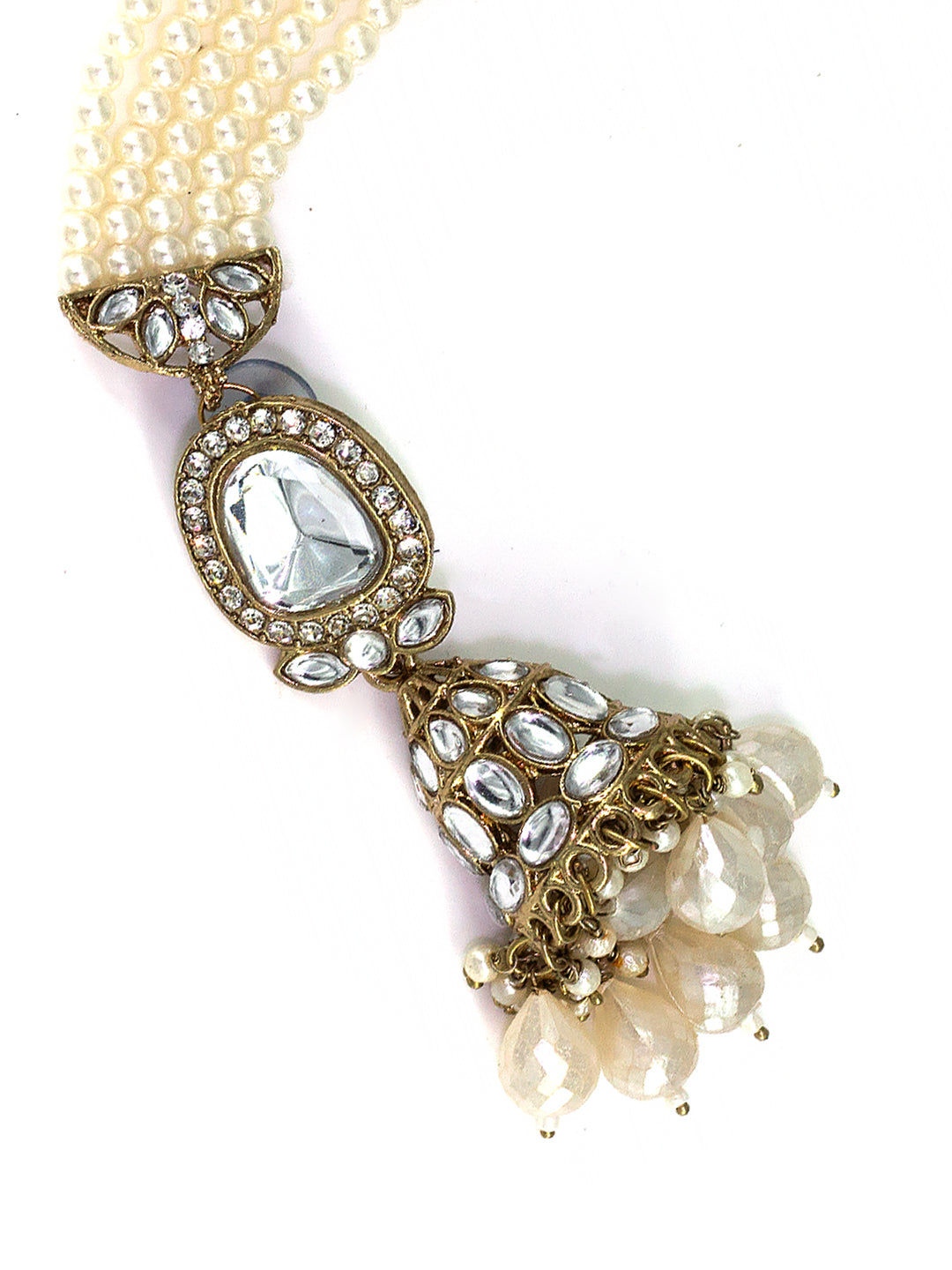 Gold-Plated Kundan-Studded Jhumka Earrings With Pearl-Beaded Hair Chain