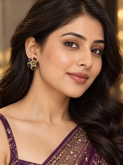 South Indian Gold Plated Purple AD Floral Stud Earrings for Women