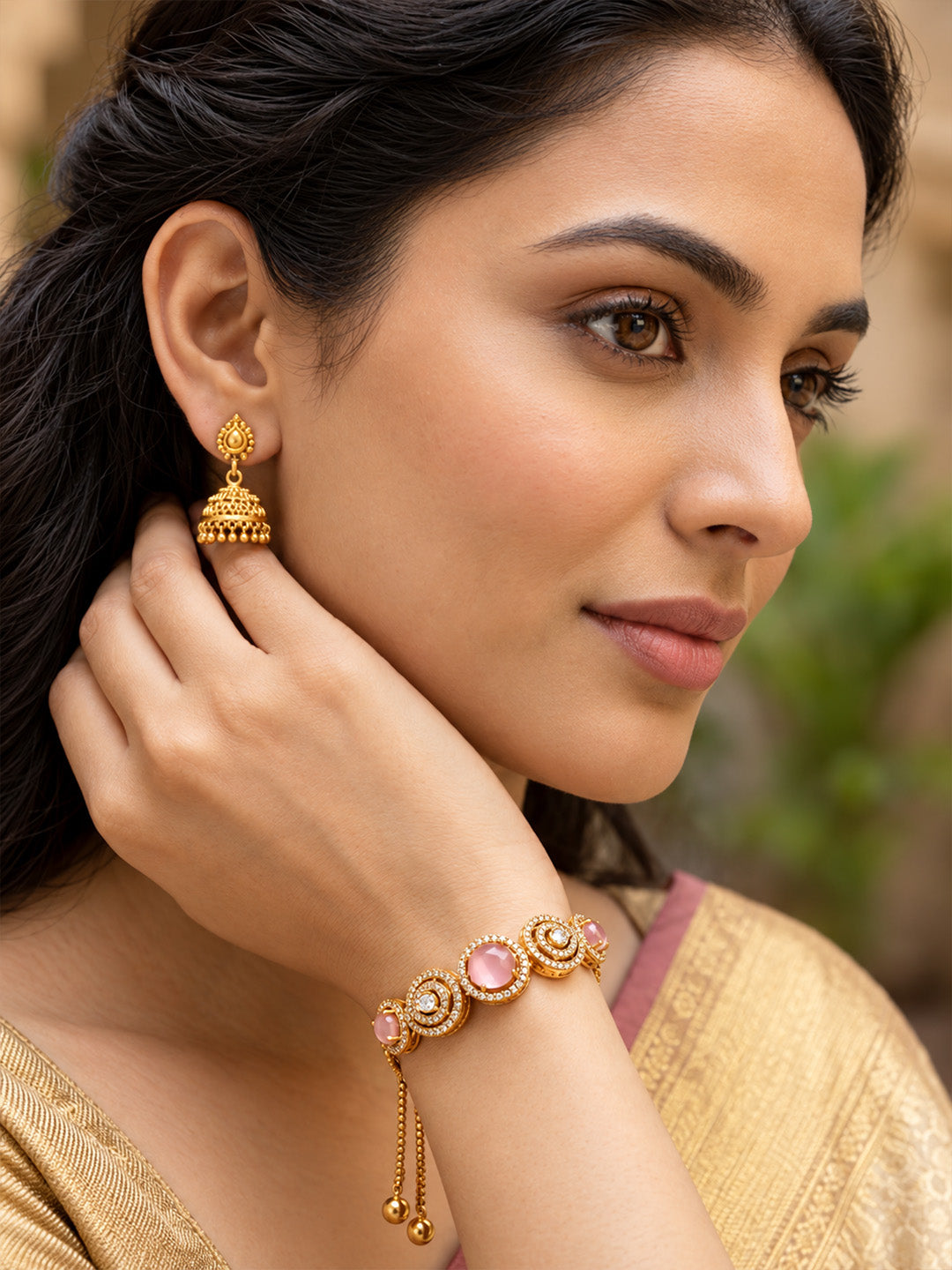 Antique Gold Plated Pink AD Adjustable Bracelet for Women