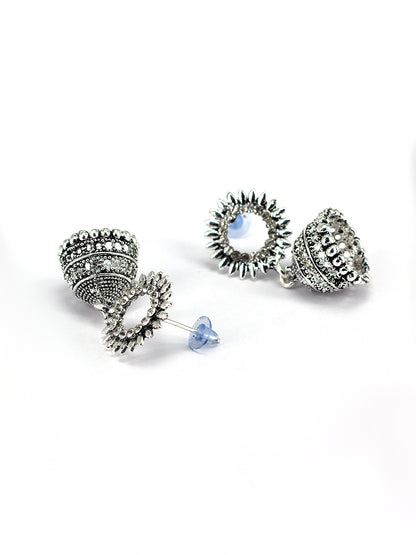 Silver Oxidised Circular CZ Studded Jhumki Earrings For Women