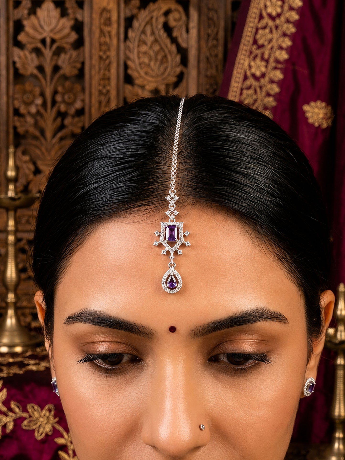 Silver Plated Purple AD Maang Tikka for Women