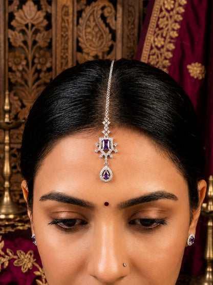 Silver Plated Purple AD Maang Tikka for Women