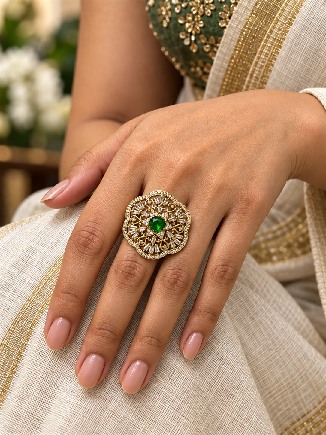Antique Gold Plated Green AD Finger Ring for Women