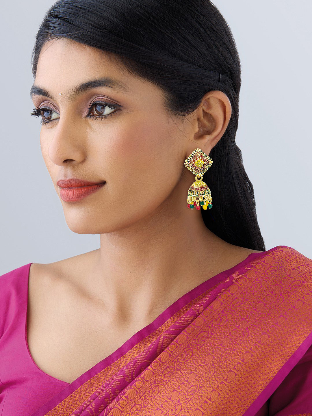 Gold Plated Square Multi Color Artificial Beaded Jhumki Earrings