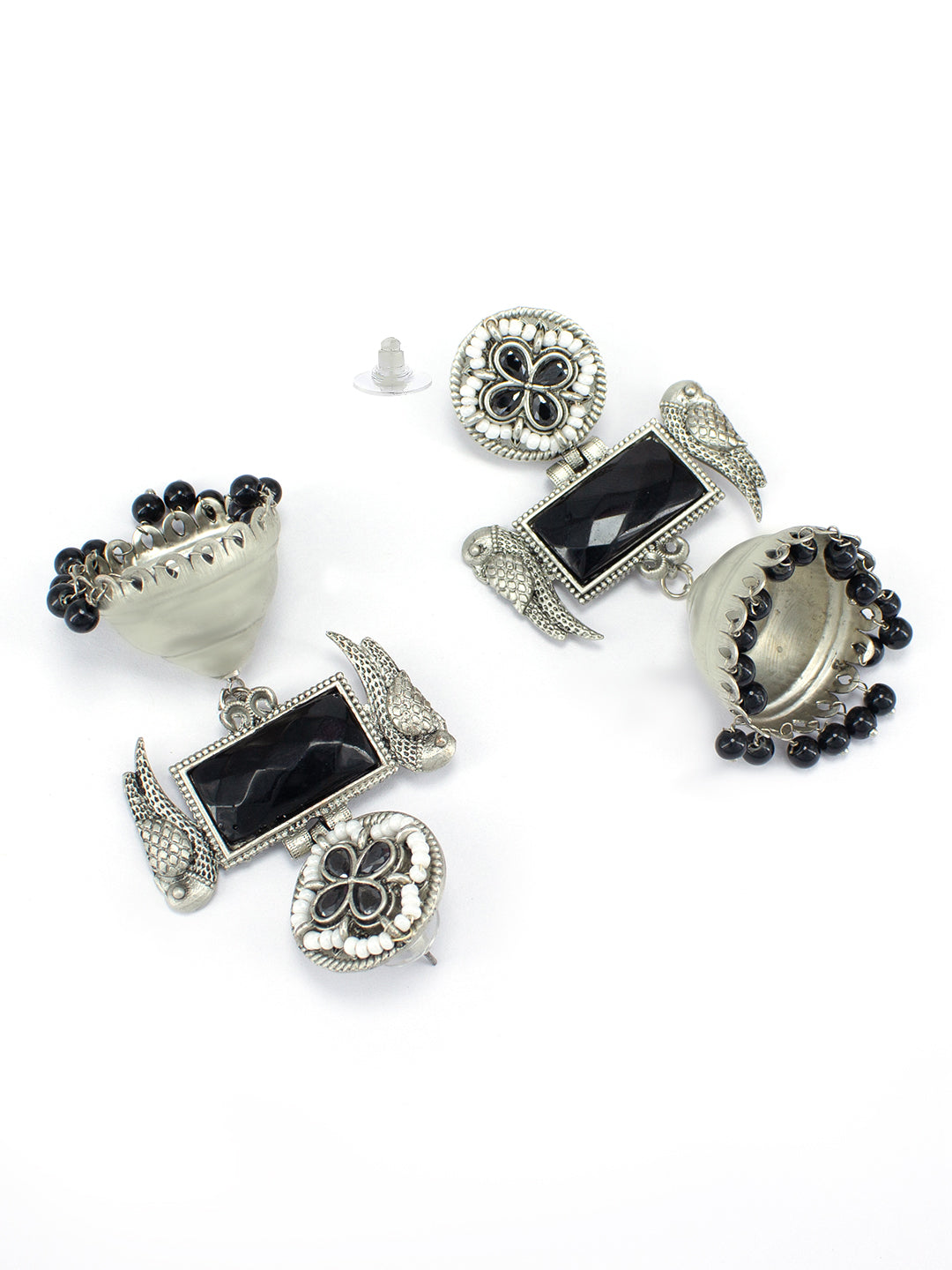 Black Floral Bird Monalisa Stone Jhumka Earrings