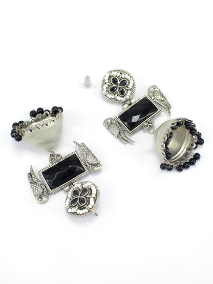 Black Floral Bird Monalisa Stone Jhumka Earrings