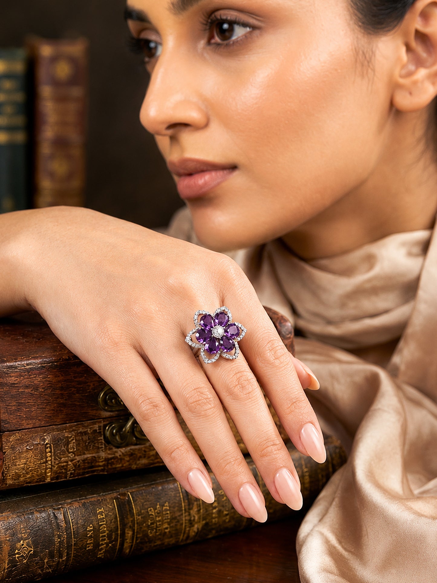 Rhodium Plated Purple AD Floral Finger Ring for Women